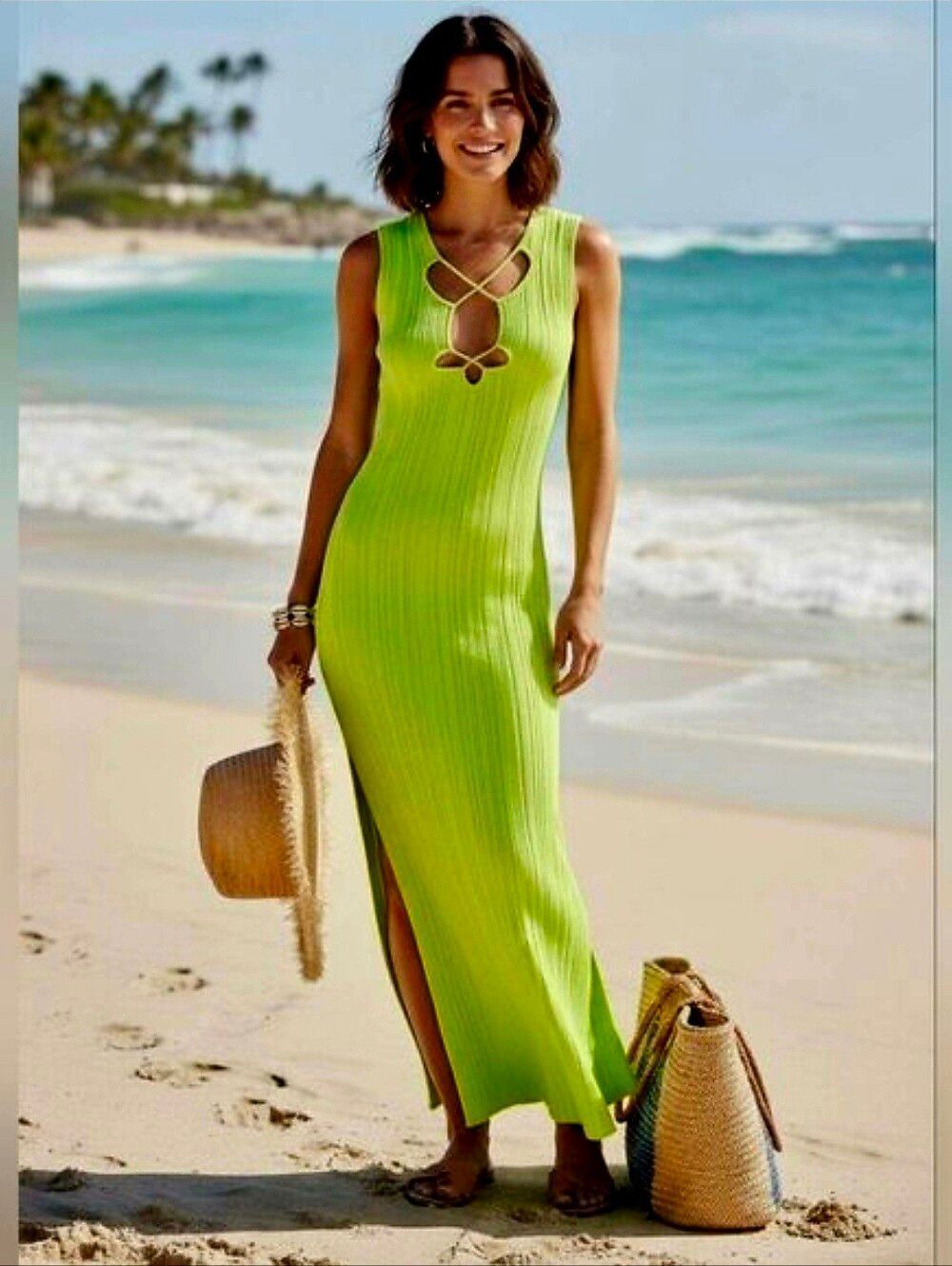 Zara Lime Green Cutout Ribbed Knit Maxi Dress Size S - Like New